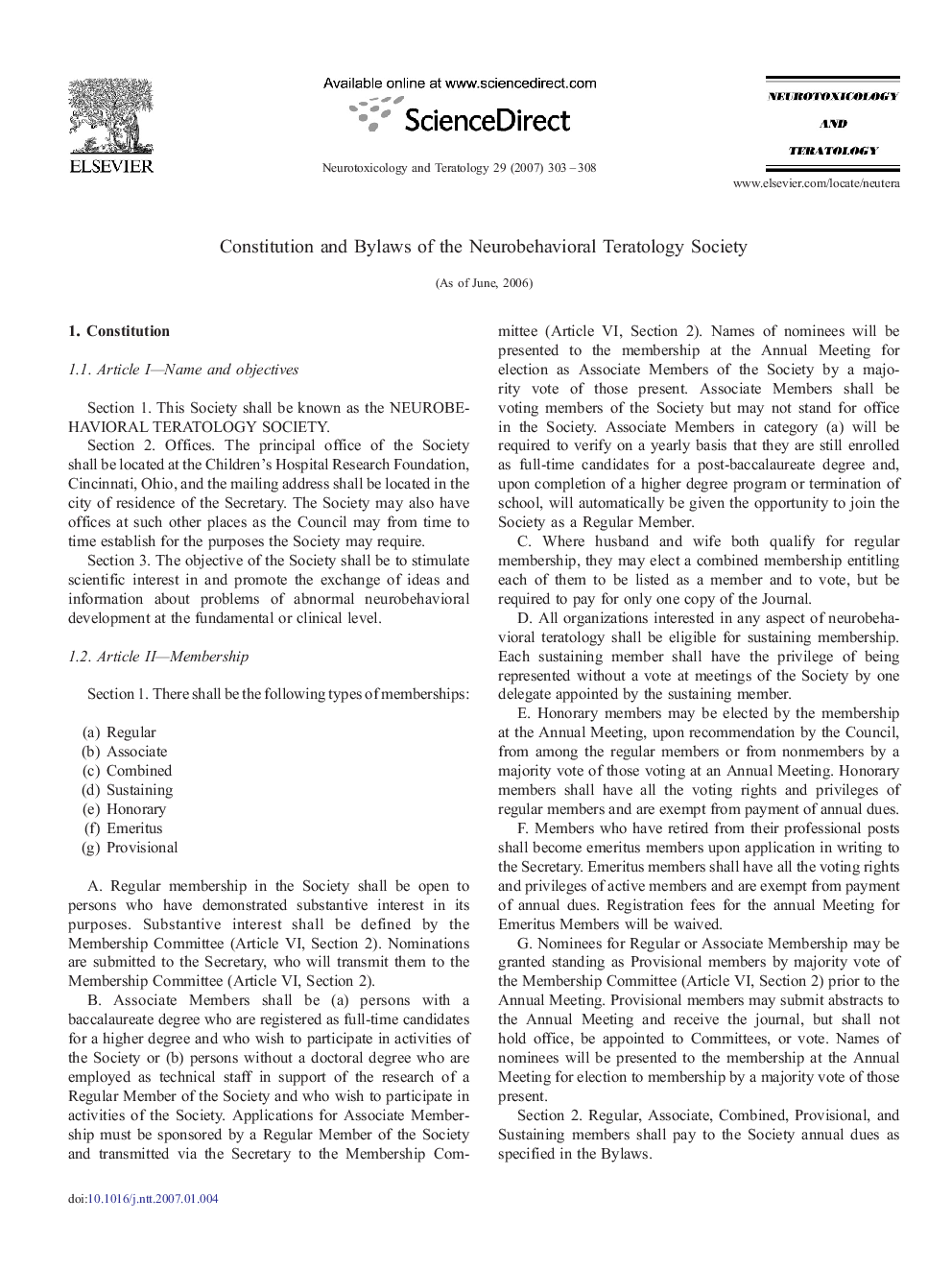 عکس صفحه اول مقاله: Constitution and Bylaws of the Neurobehavioral Teratology Society Constitution and Bylaws of the Neurobehavioral Teratology Society