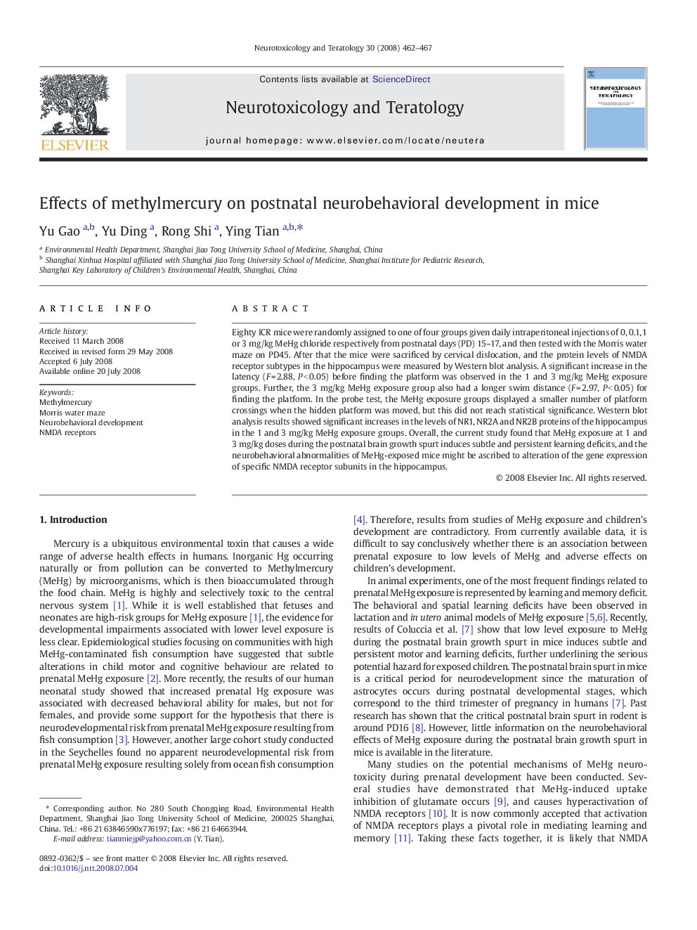 Effects of methylmercury on postnatal neurobehavioral development in mice