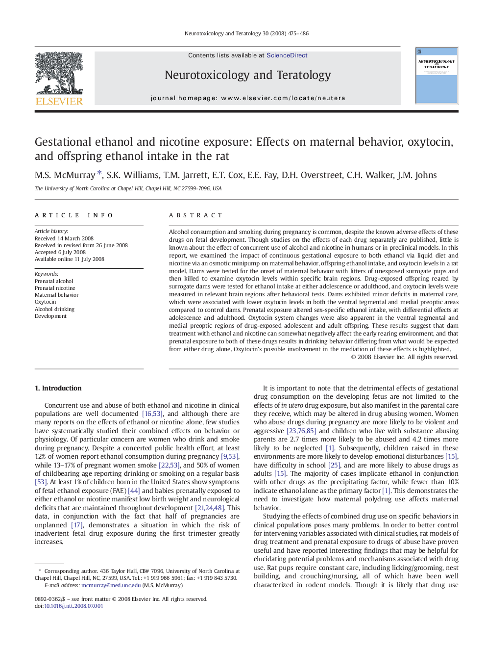 Gestational ethanol and nicotine exposure: Effects on maternal behavior, oxytocin, and offspring ethanol intake in the rat