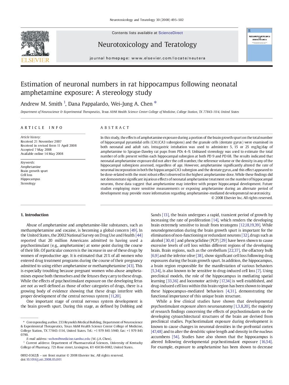 Estimation of neuronal numbers in rat hippocampus following neonatal amphetamine exposure: A stereology study