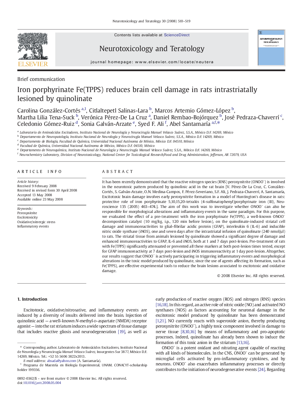 Iron porphyrinate Fe(TPPS) reduces brain cell damage in rats intrastriatally lesioned by quinolinate