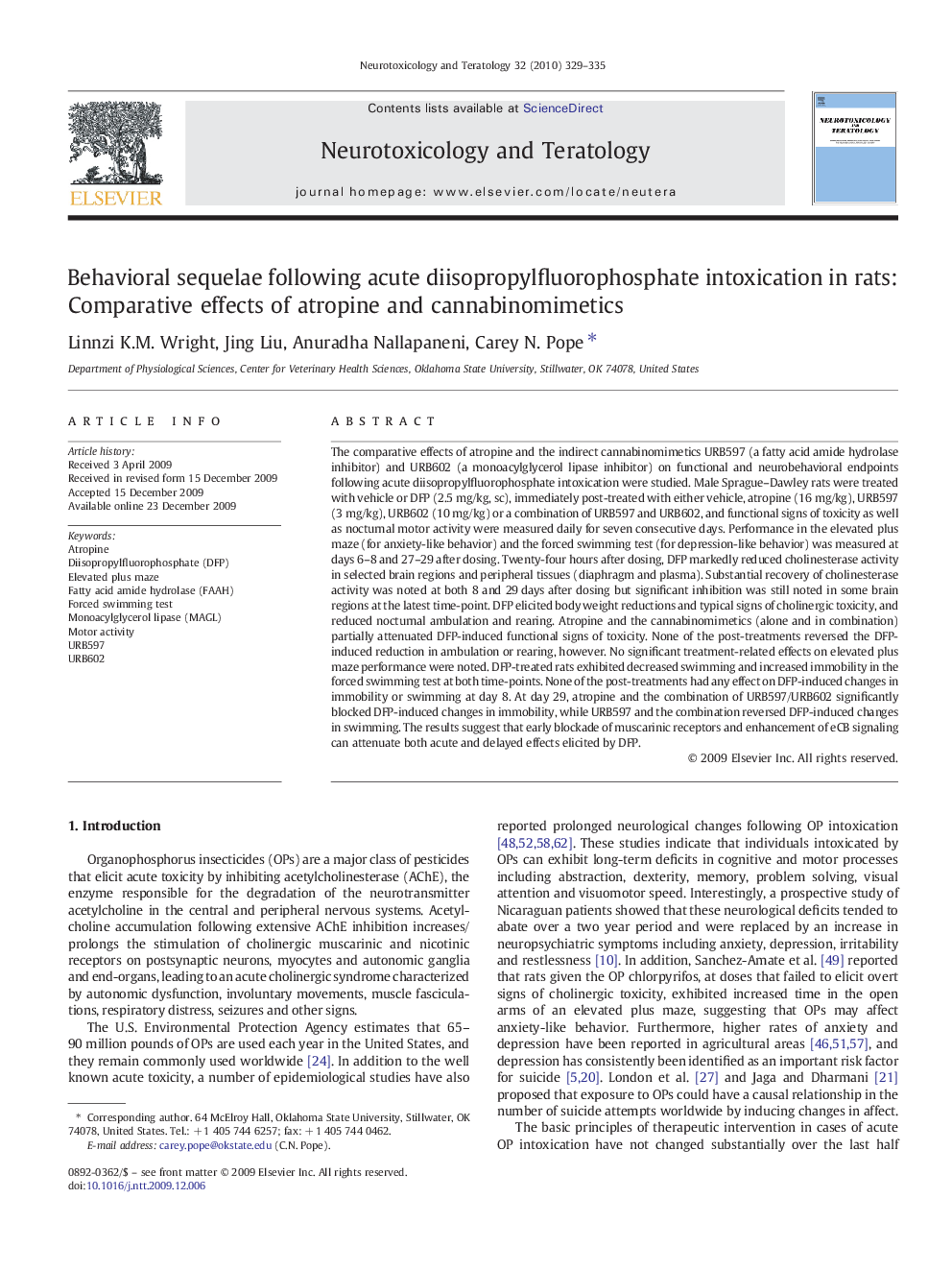 Behavioral sequelae following acute diisopropylfluorophosphate intoxication in rats: Comparative effects of atropine and cannabinomimetics