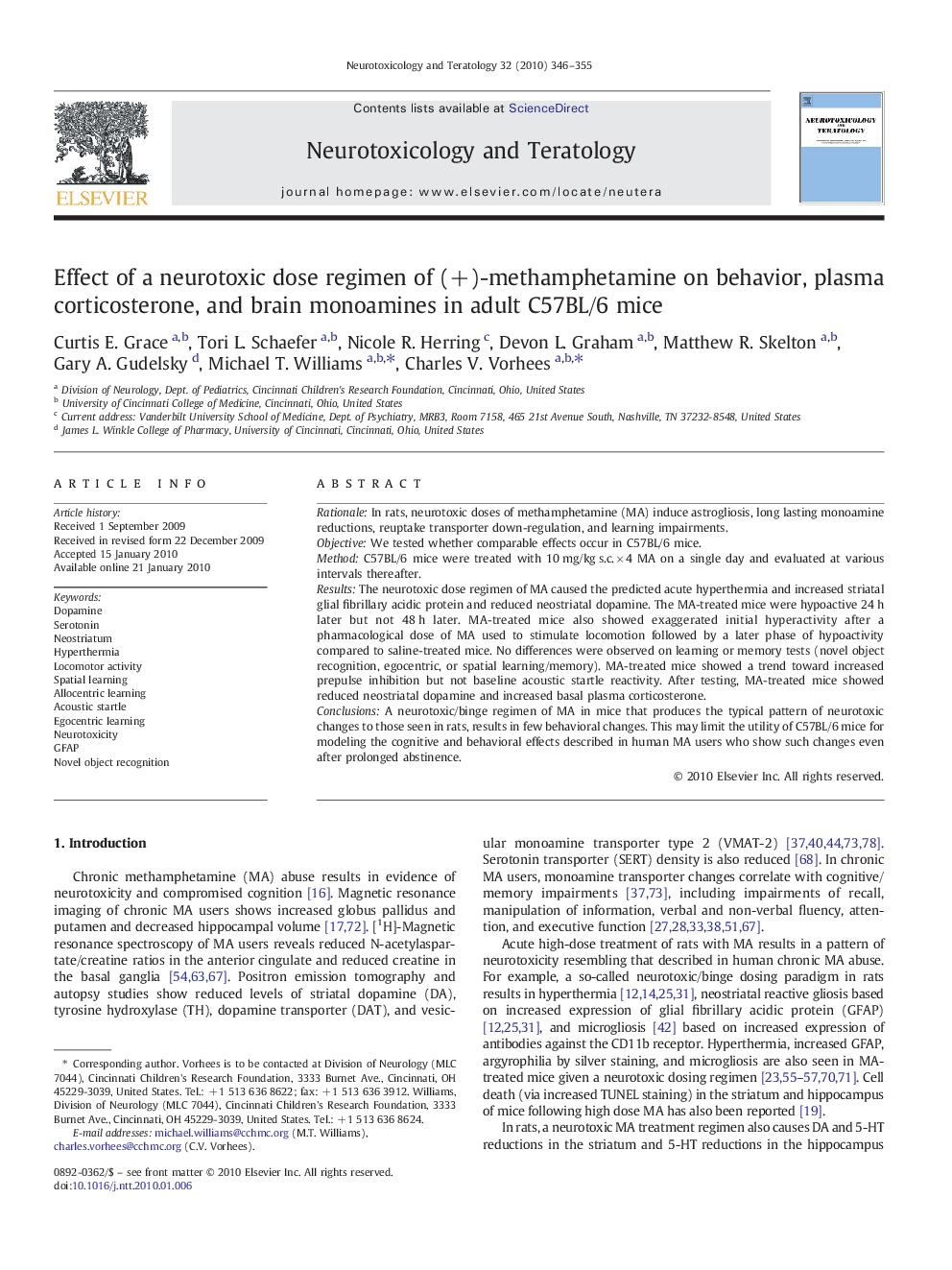 Effect of a neurotoxic dose regimen of (+)-methamphetamine on behavior, plasma corticosterone, and brain monoamines in adult C57BL/6 mice