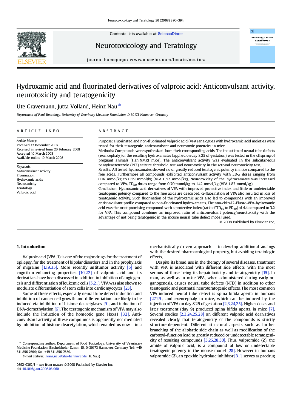 Hydroxamic acid and fluorinated derivatives of valproic acid: Anticonvulsant activity, neurotoxicity and teratogenicity