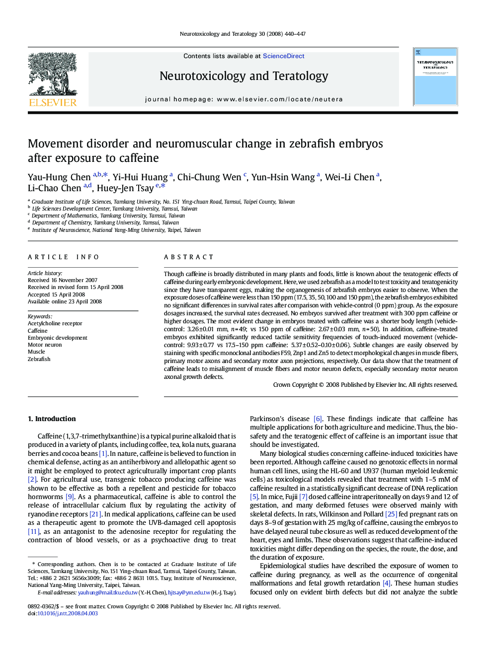 Movement disorder and neuromuscular change in zebrafish embryos after exposure to caffeine