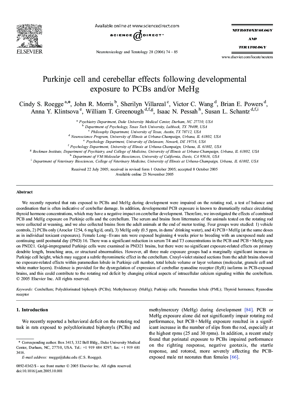 Purkinje cell and cerebellar effects following developmental exposure to PCBs and/or MeHg