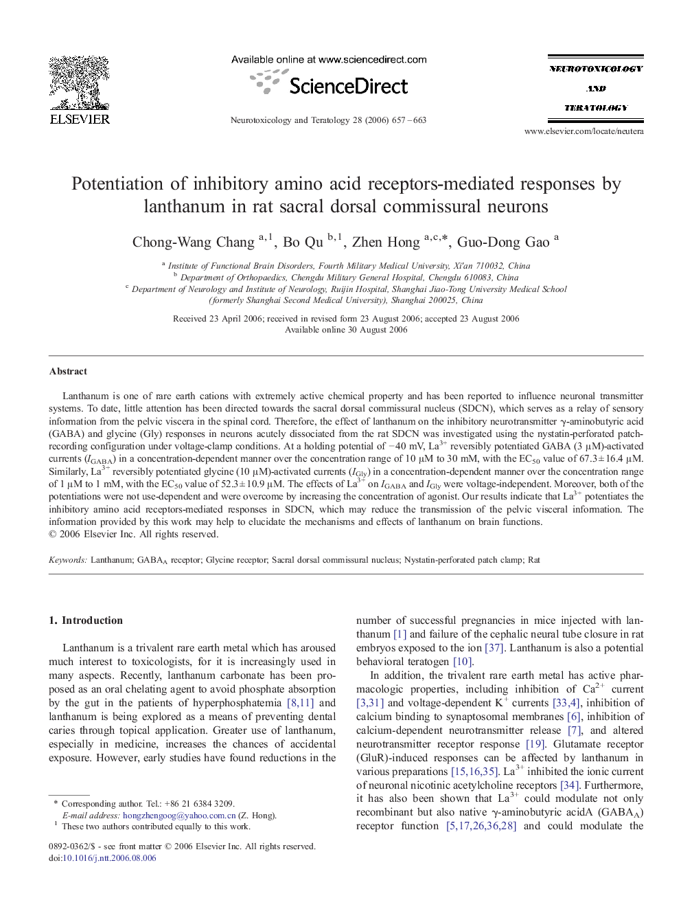 Potentiation of inhibitory amino acid receptors-mediated responses by lanthanum in rat sacral dorsal commissural neurons