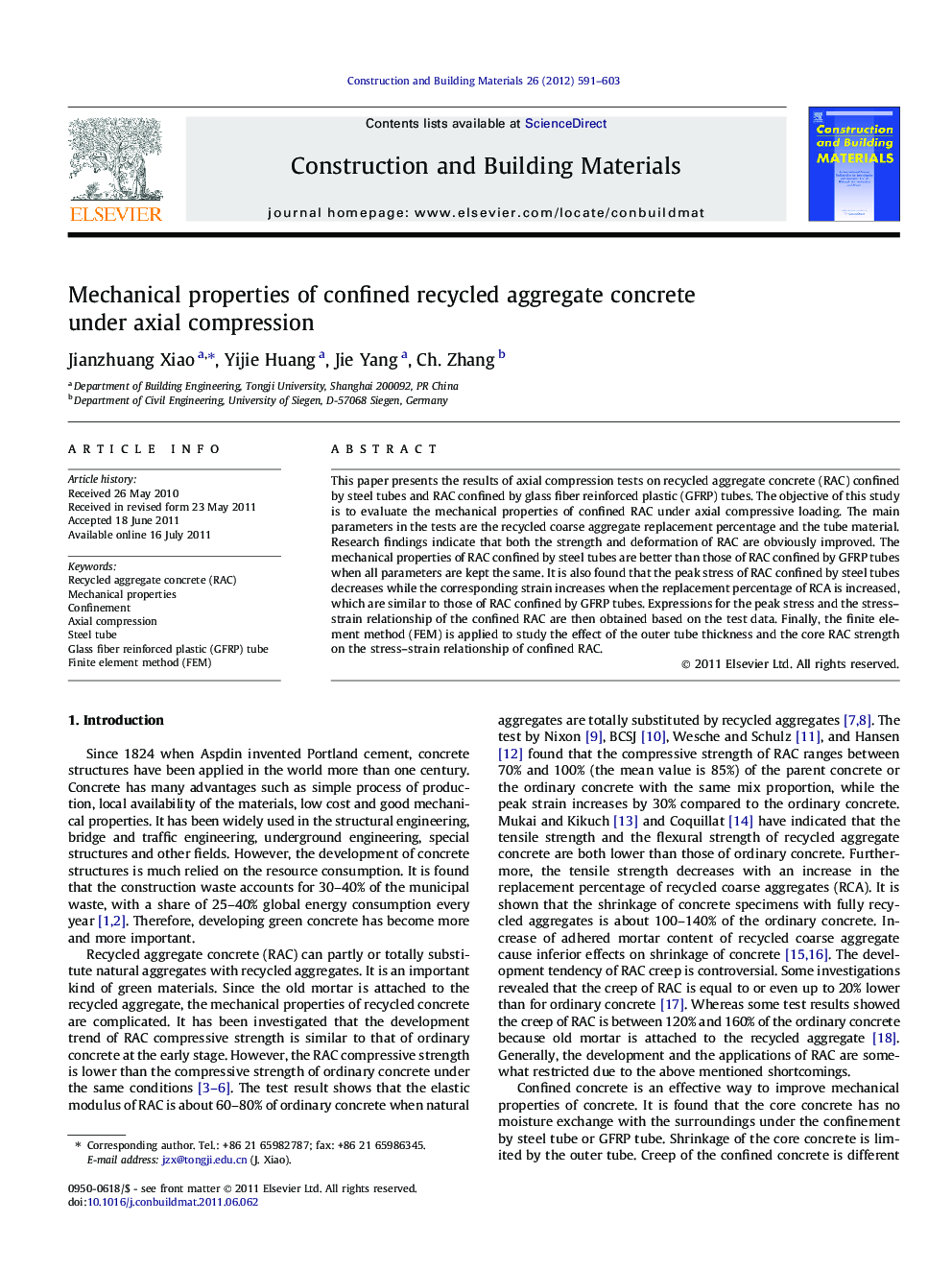 Mechanical properties of confined recycled aggregate concrete under axial compression