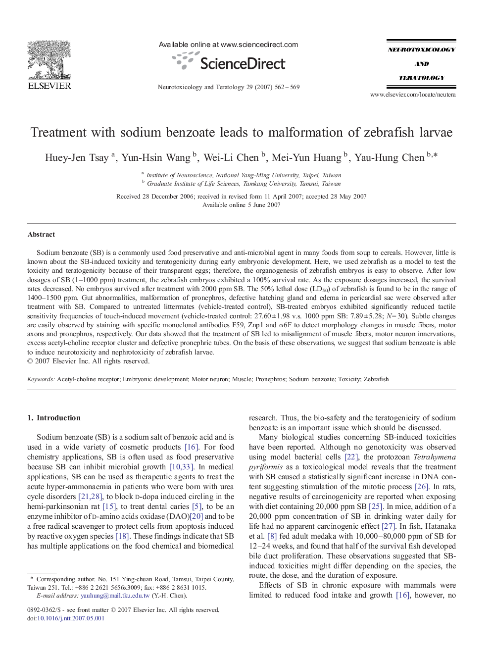 Treatment with sodium benzoate leads to malformation of zebrafish larvae