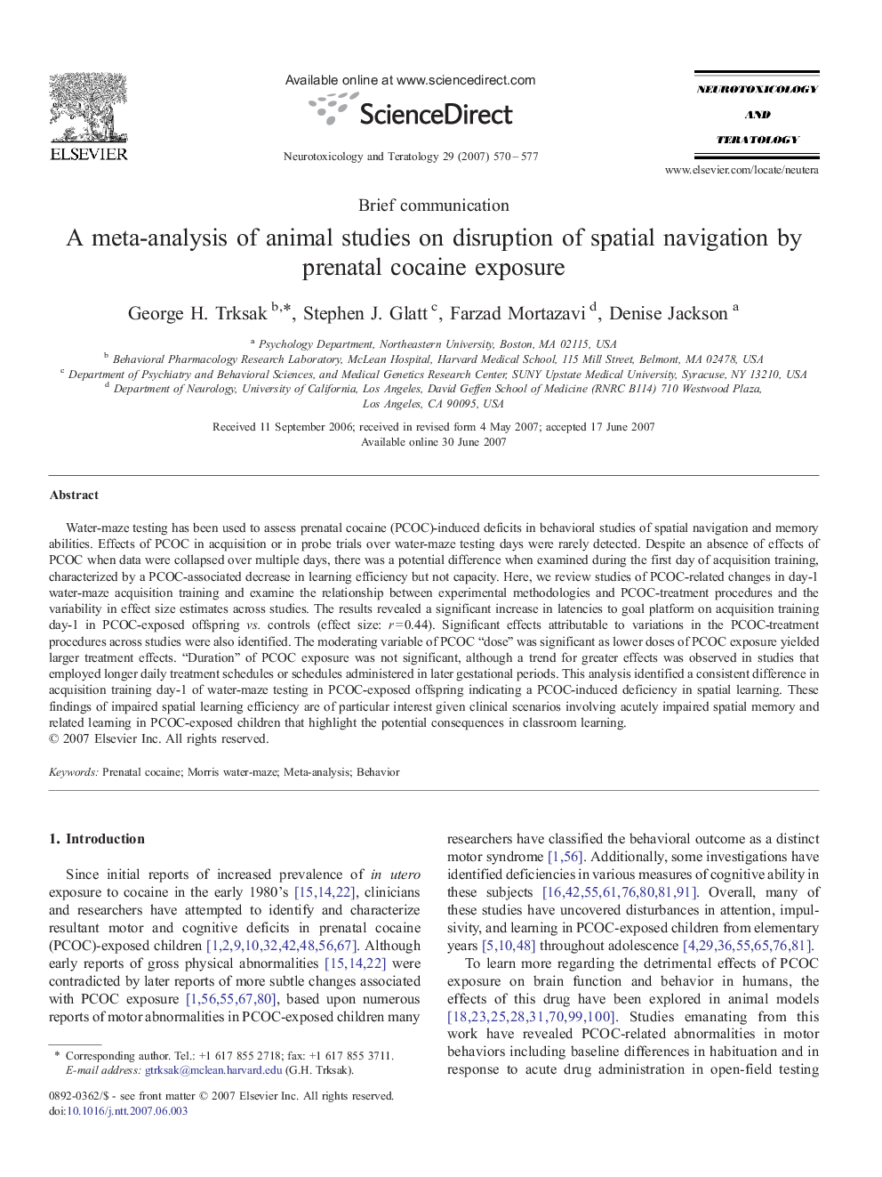 A meta-analysis of animal studies on disruption of spatial navigation by prenatal cocaine exposure