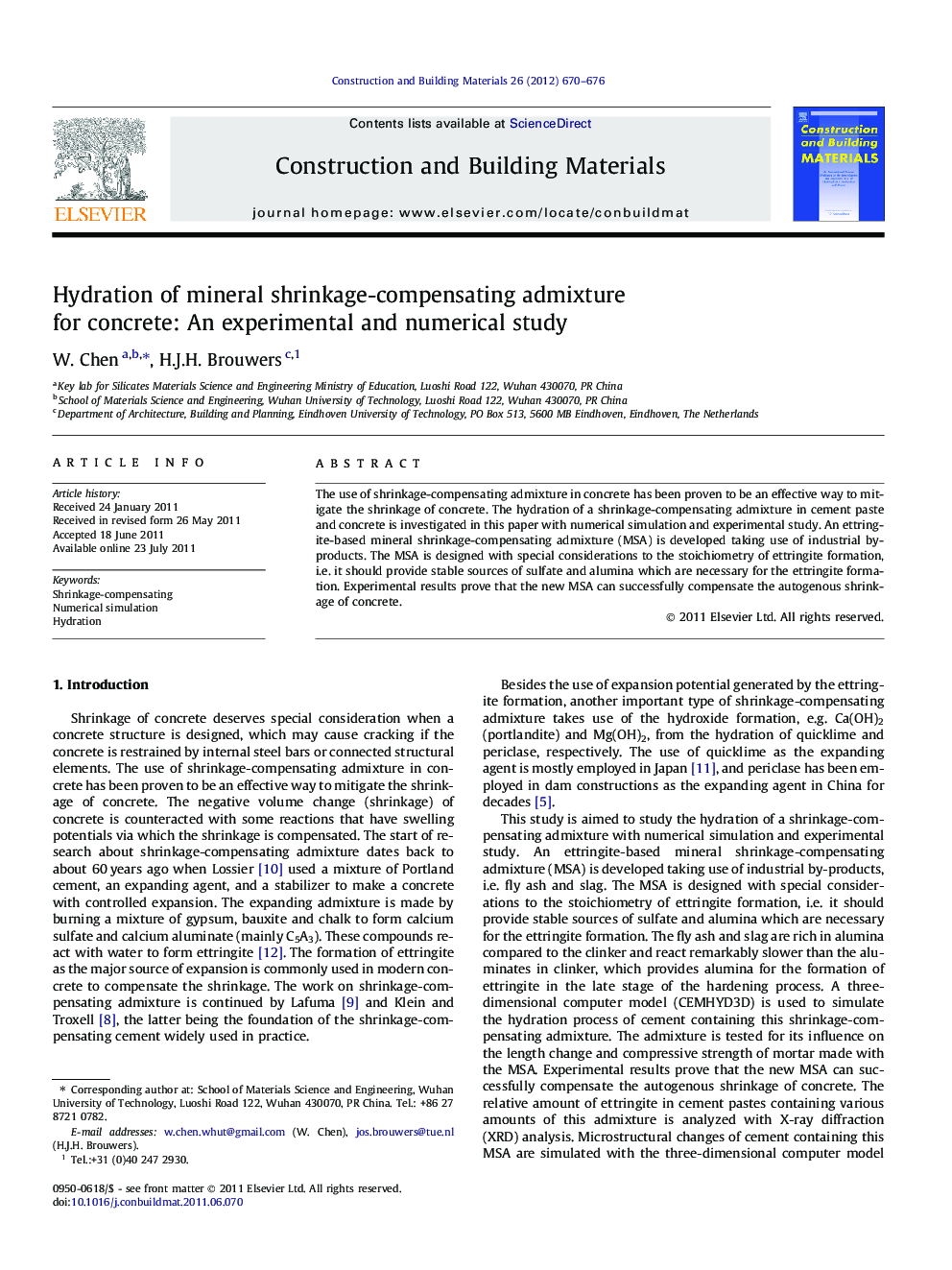 Hydration of mineral shrinkage-compensating admixture for concrete: An experimental and numerical study