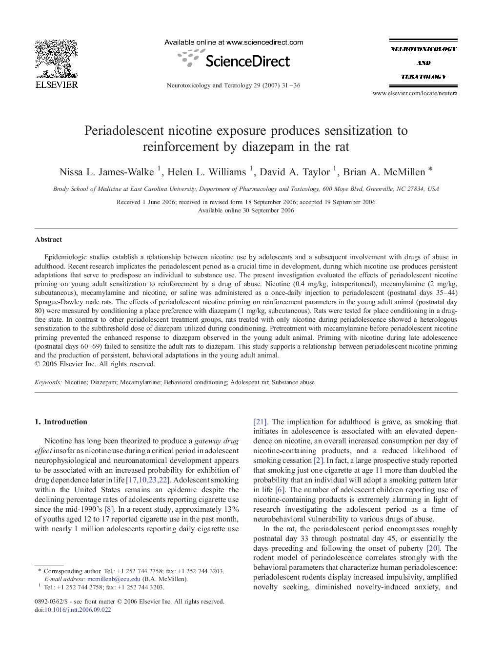 Periadolescent nicotine exposure produces sensitization to reinforcement by diazepam in the rat