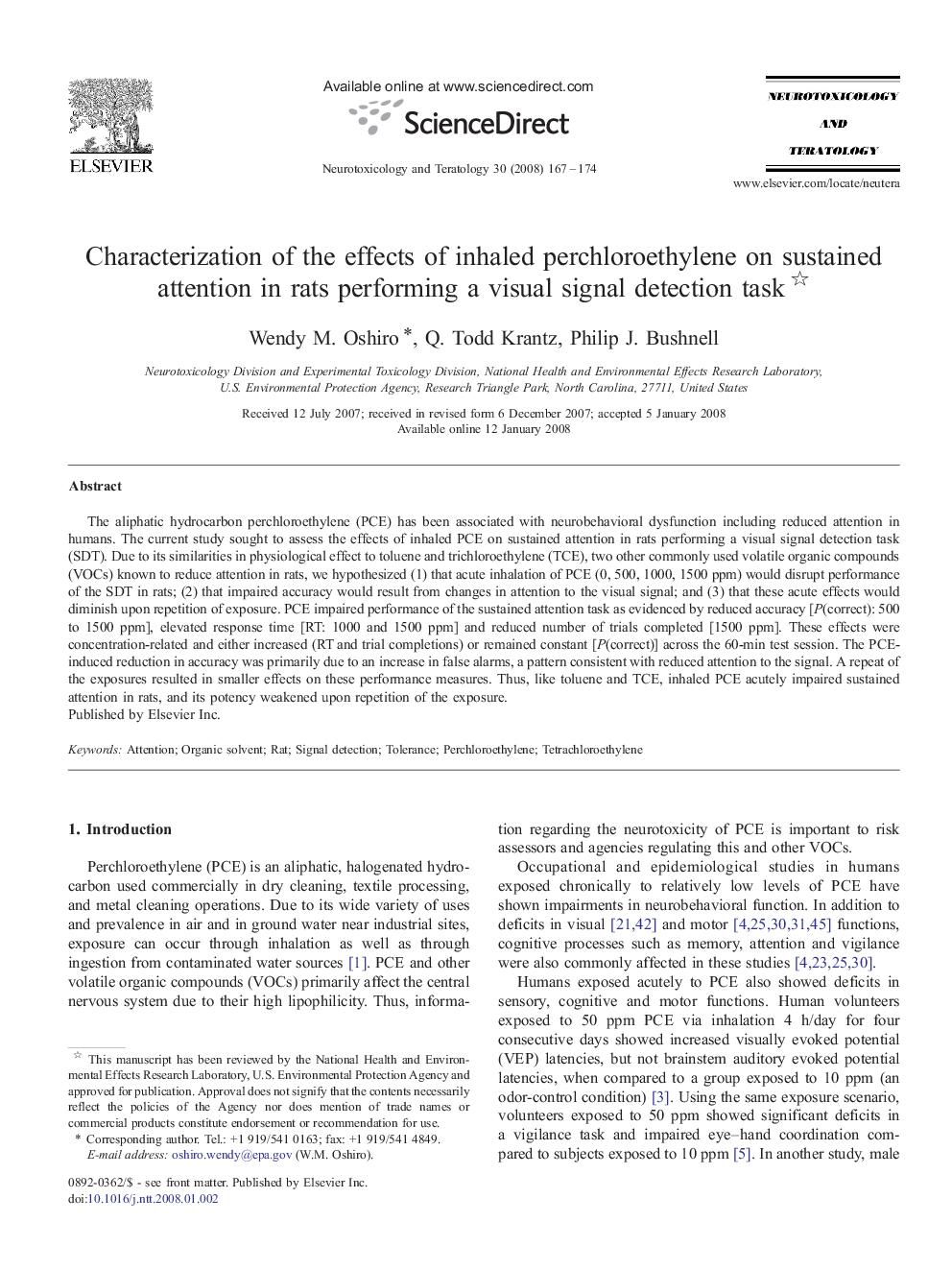 Characterization of the effects of inhaled perchloroethylene on sustained attention in rats performing a visual signal detection task 