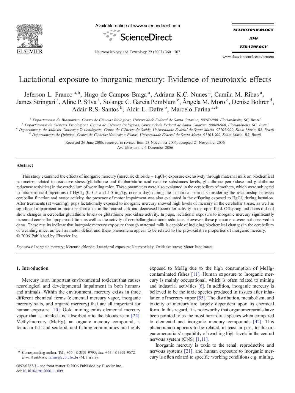 Lactational exposure to inorganic mercury: Evidence of neurotoxic effects