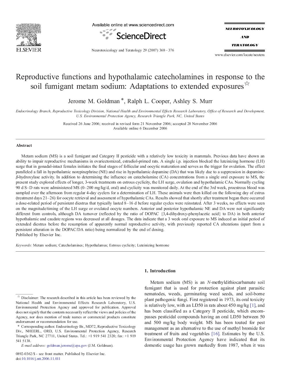 Reproductive functions and hypothalamic catecholamines in response to the soil fumigant metam sodium: Adaptations to extended exposures 