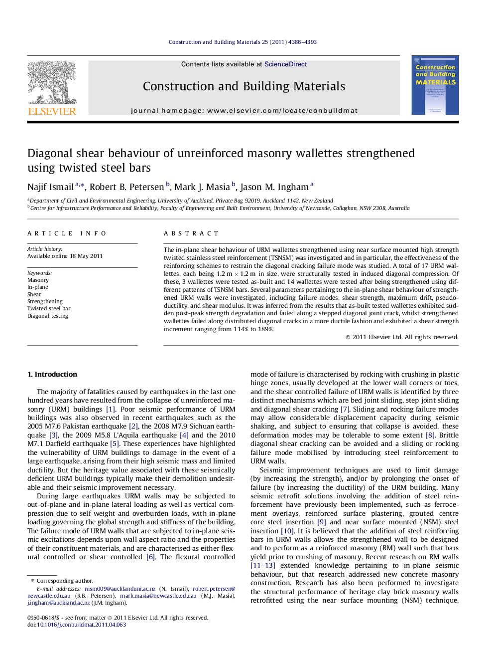 Diagonal shear behaviour of unreinforced masonry wallettes strengthened using twisted steel bars