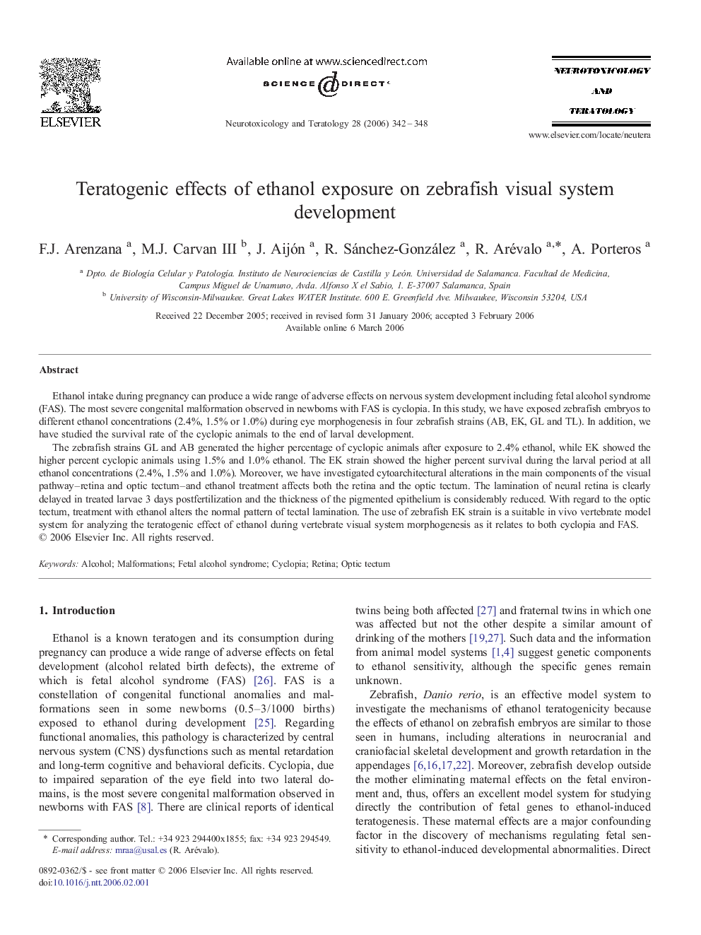 Teratogenic effects of ethanol exposure on zebrafish visual system development