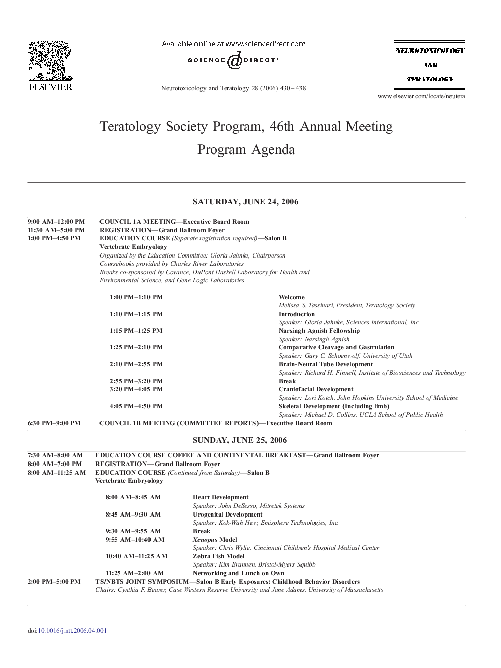 Teratology Society Program, 46th Annual Meeting Program Agenda