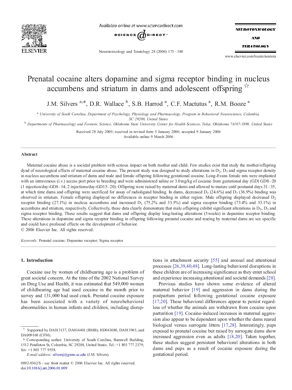 Prenatal cocaine alters dopamine and sigma receptor binding in nucleus accumbens and striatum in dams and adolescent offspring 