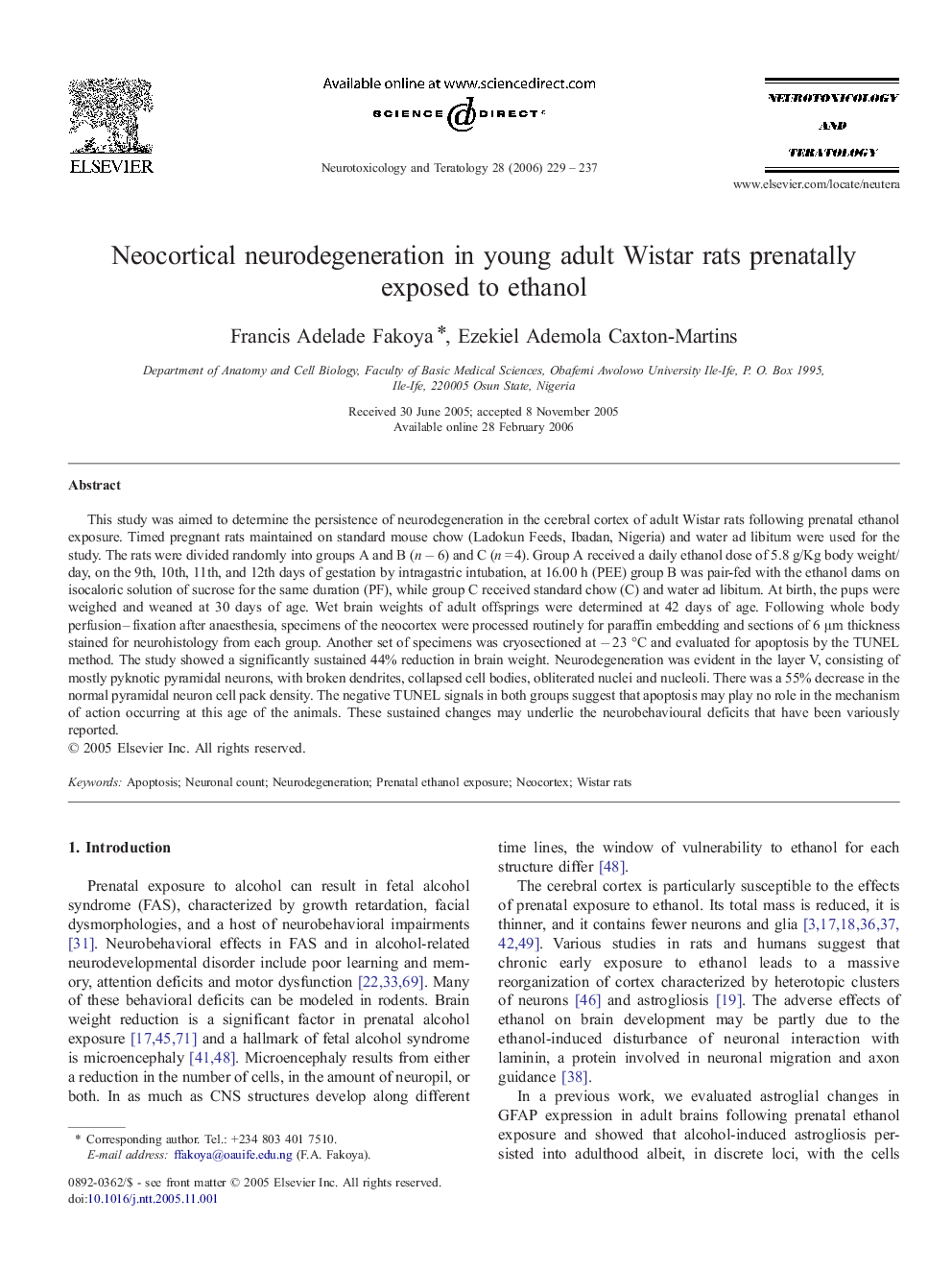 Neocortical neurodegeneration in young adult Wistar rats prenatally exposed to ethanol