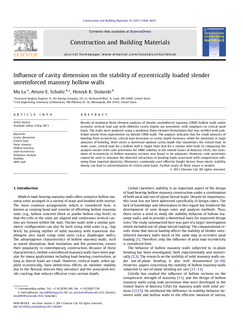 Influence of cavity dimension on the stability of eccentrically loaded slender unreinforced masonry hollow walls