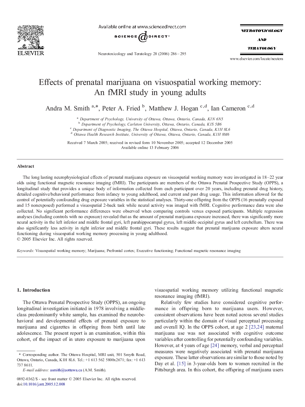 Effects of prenatal marijuana on visuospatial working memory: An fMRI study in young adults