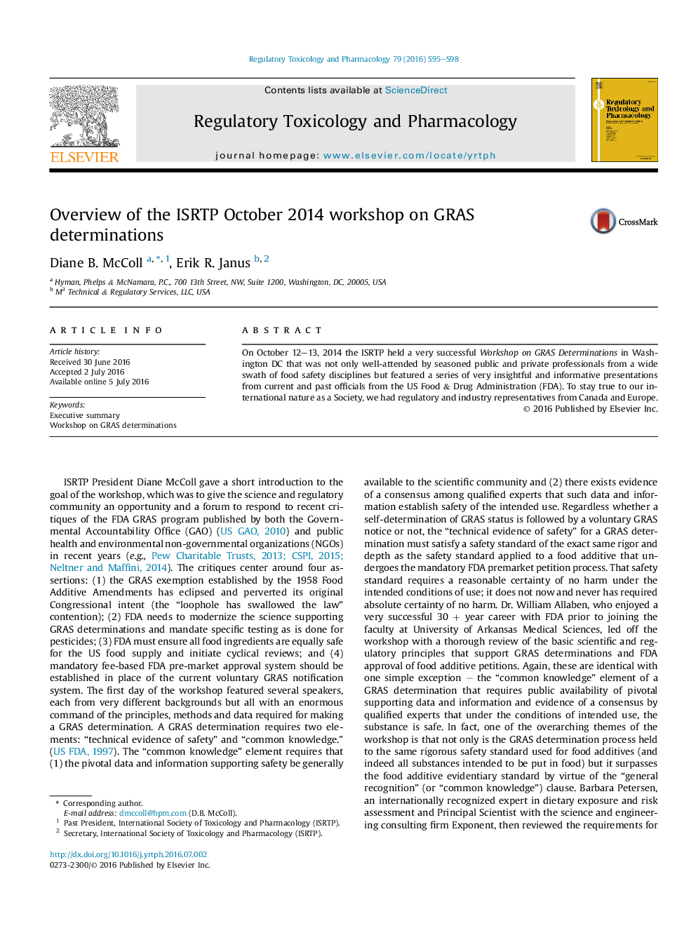 Overview of the ISRTP October 2014 workshop on GRAS determinations