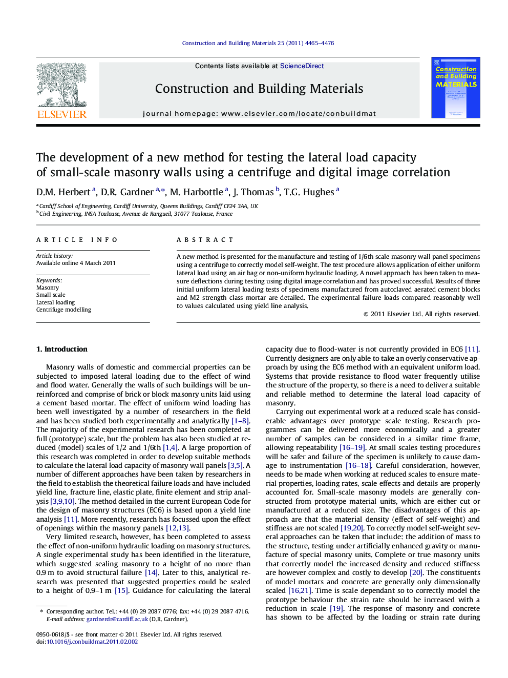 The development of a new method for testing the lateral load capacity of small-scale masonry walls using a centrifuge and digital image correlation