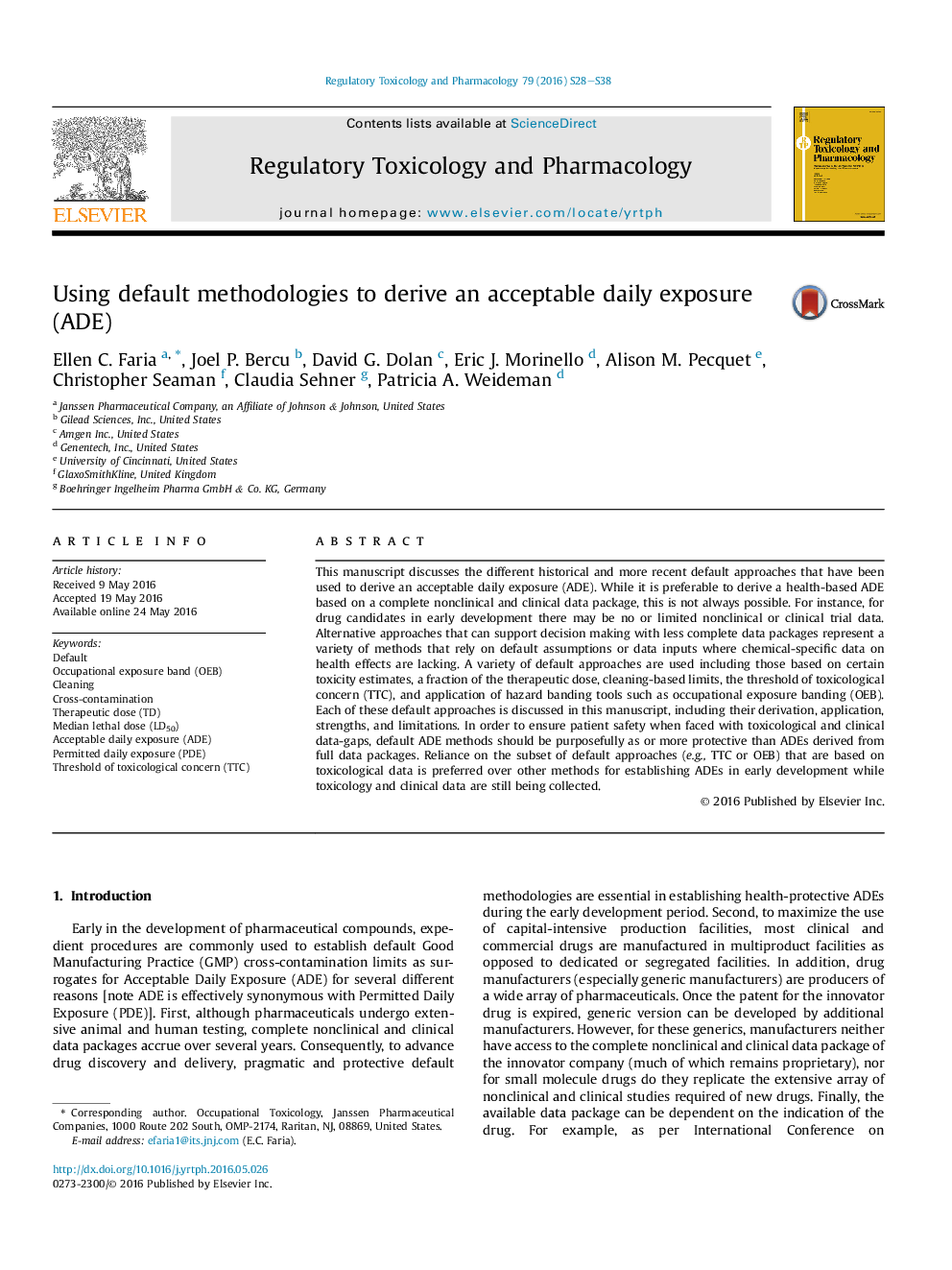 Using default methodologies to derive an acceptable daily exposure (ADE)