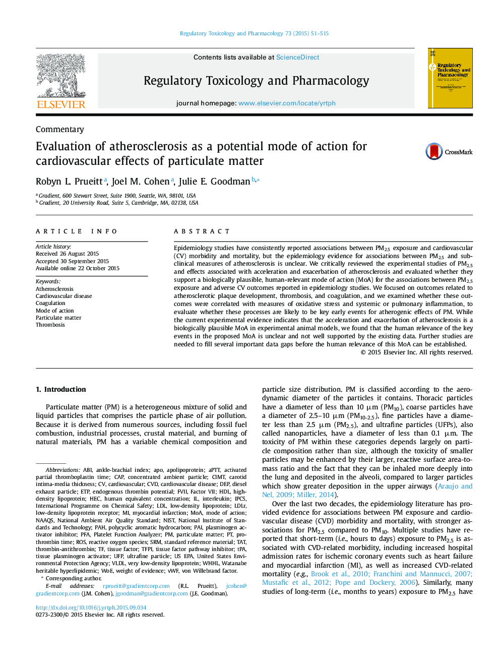 Evaluation of atherosclerosis as a potential mode of action for cardiovascular effects of particulate matter