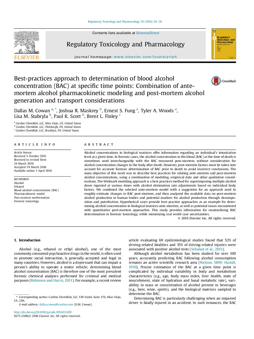 Best-practices approach to determination of blood alcohol concentration (BAC) at specific time points: Combination of ante-mortem alcohol pharmacokinetic modeling and post-mortem alcohol generation and transport considerations