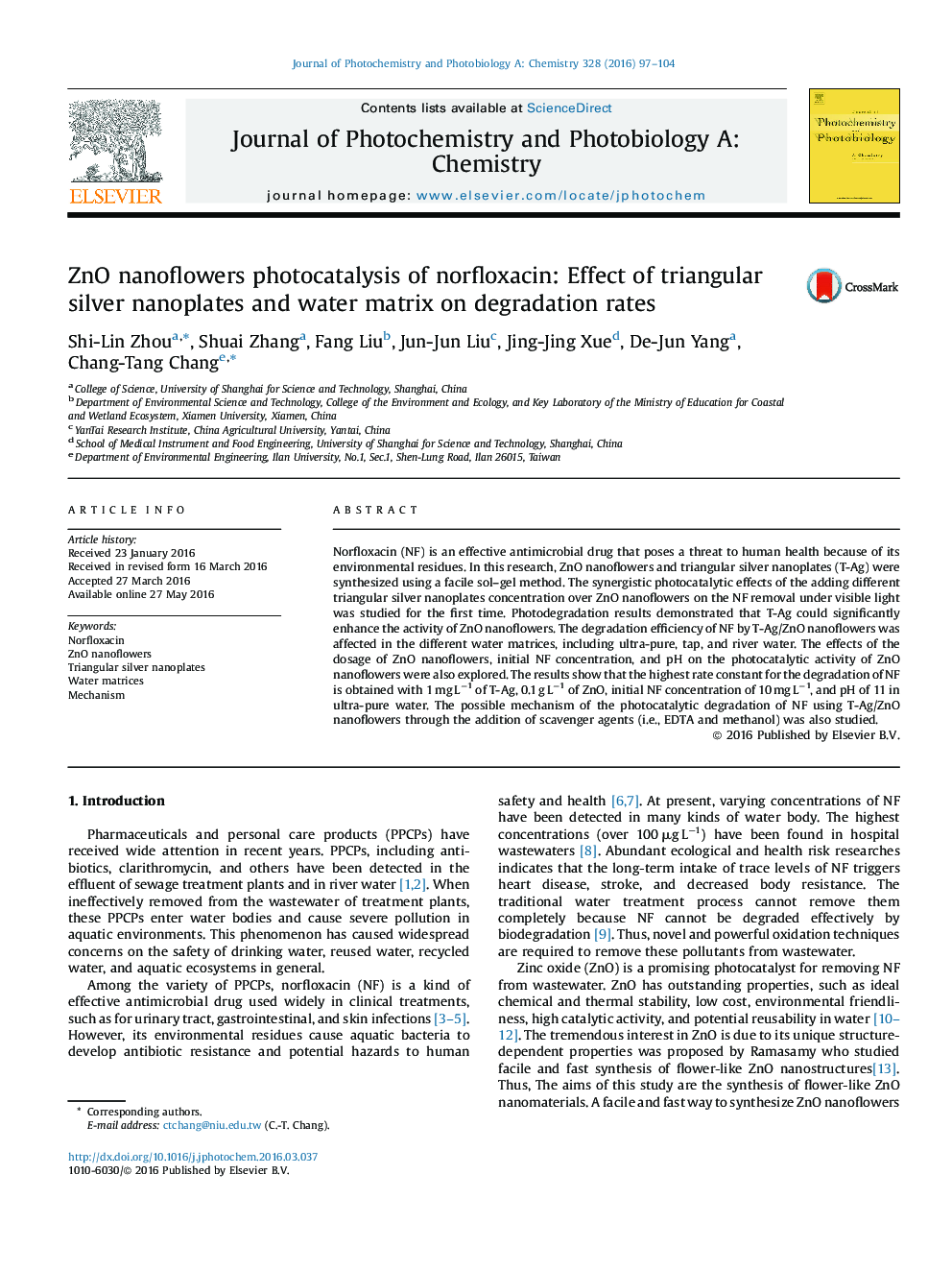 ZnO nanoflowers photocatalysis of norfloxacin: Effect of triangular silver nanoplates and water matrix on degradation rates