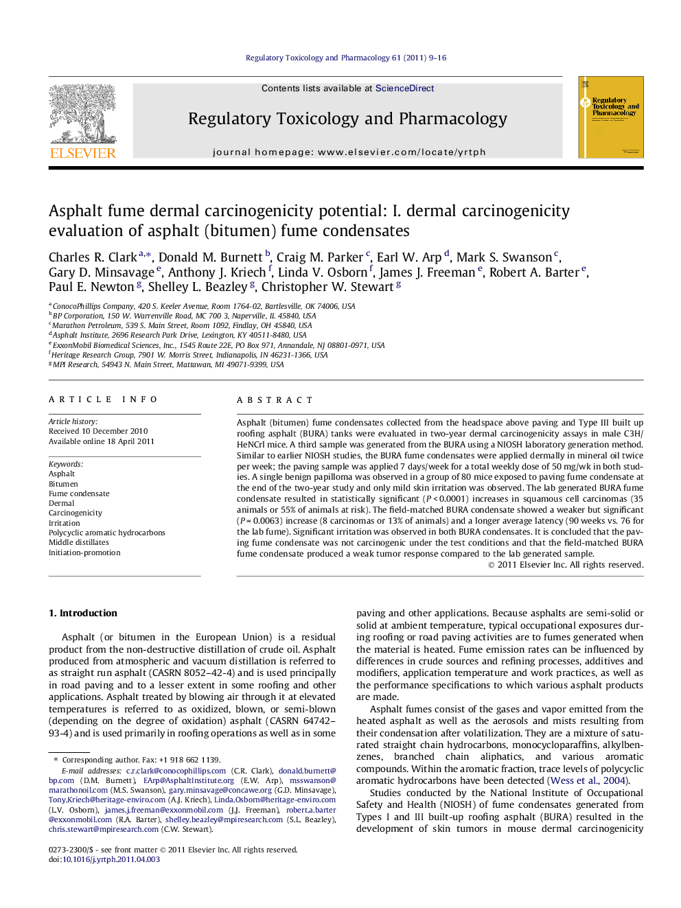 Asphalt fume dermal carcinogenicity potential: I. dermal carcinogenicity evaluation of asphalt (bitumen) fume condensates