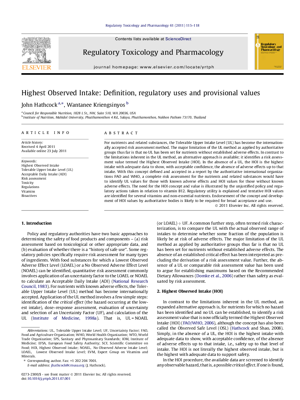 Highest Observed Intake: Definition, regulatory uses and provisional values