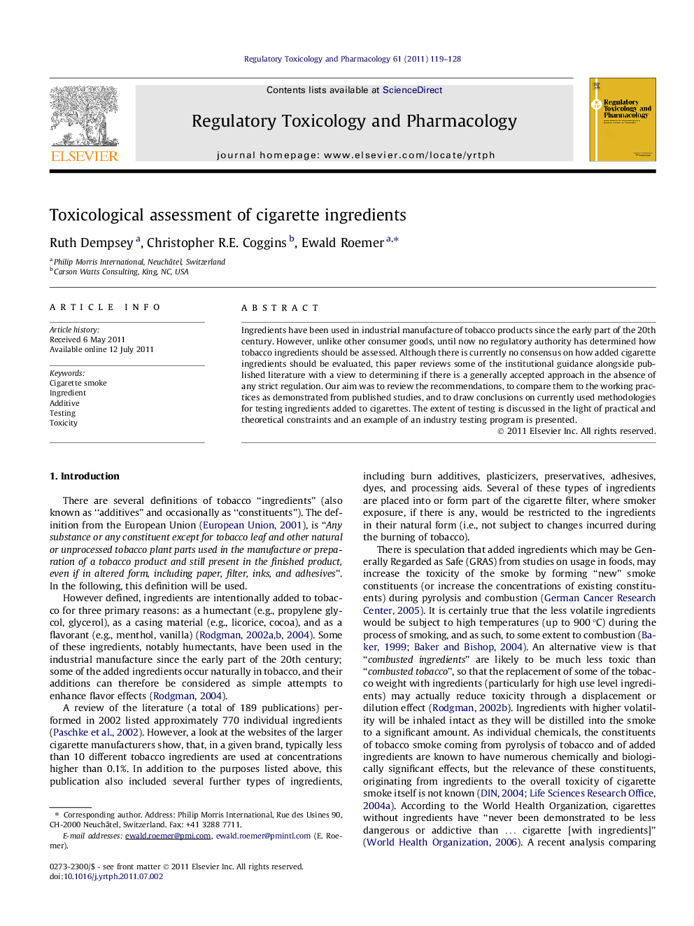 Toxicological assessment of cigarette ingredients