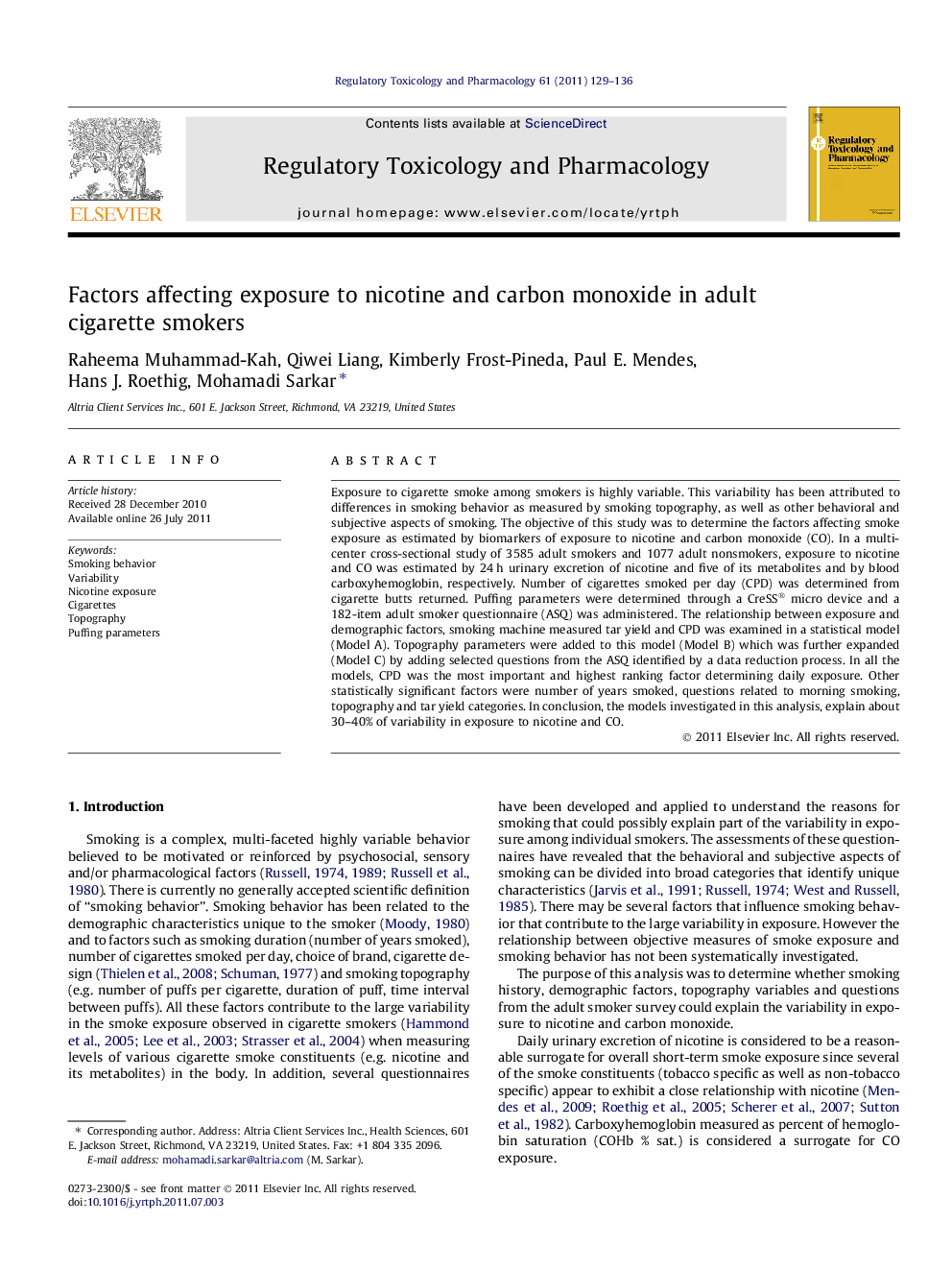 Factors affecting exposure to nicotine and carbon monoxide in adult cigarette smokers