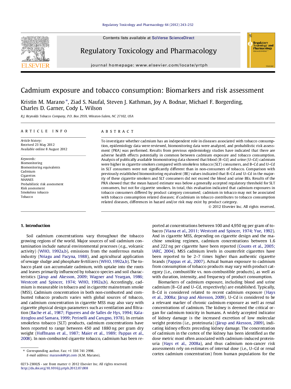 Cadmium exposure and tobacco consumption: Biomarkers and risk assessment