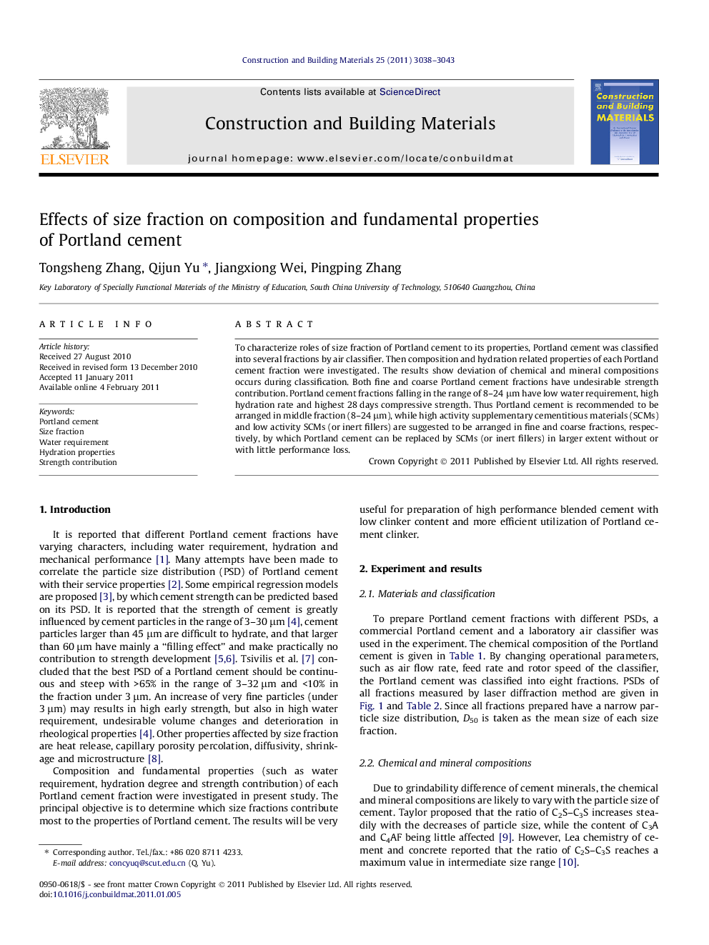 Effects of size fraction on composition and fundamental properties of Portland cement