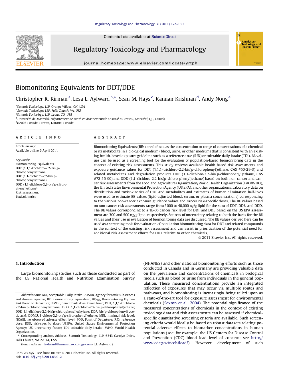 Biomonitoring Equivalents for DDT/DDE