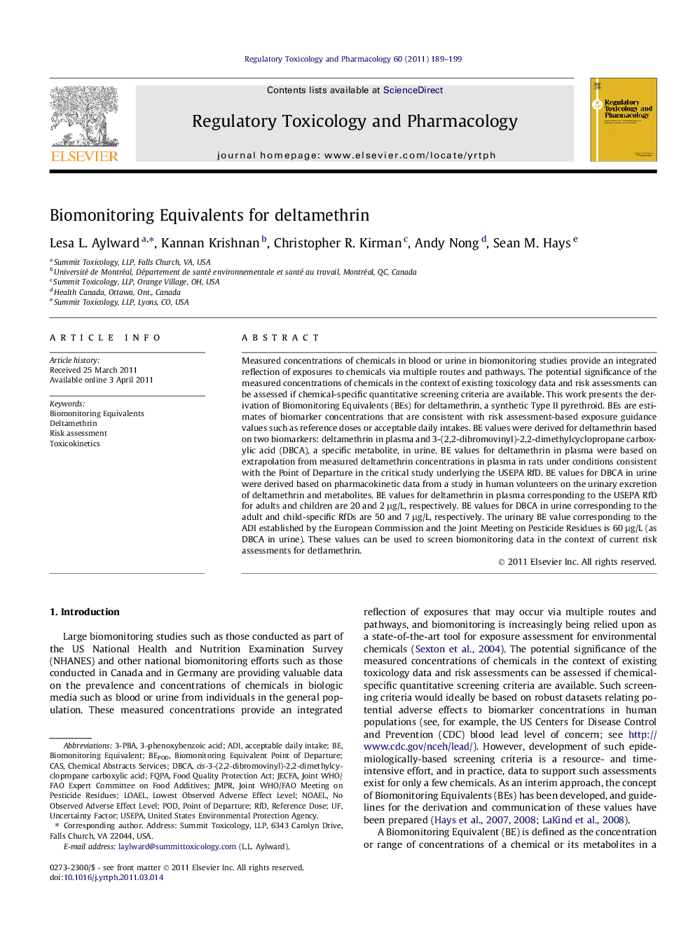 Biomonitoring Equivalents for deltamethrin