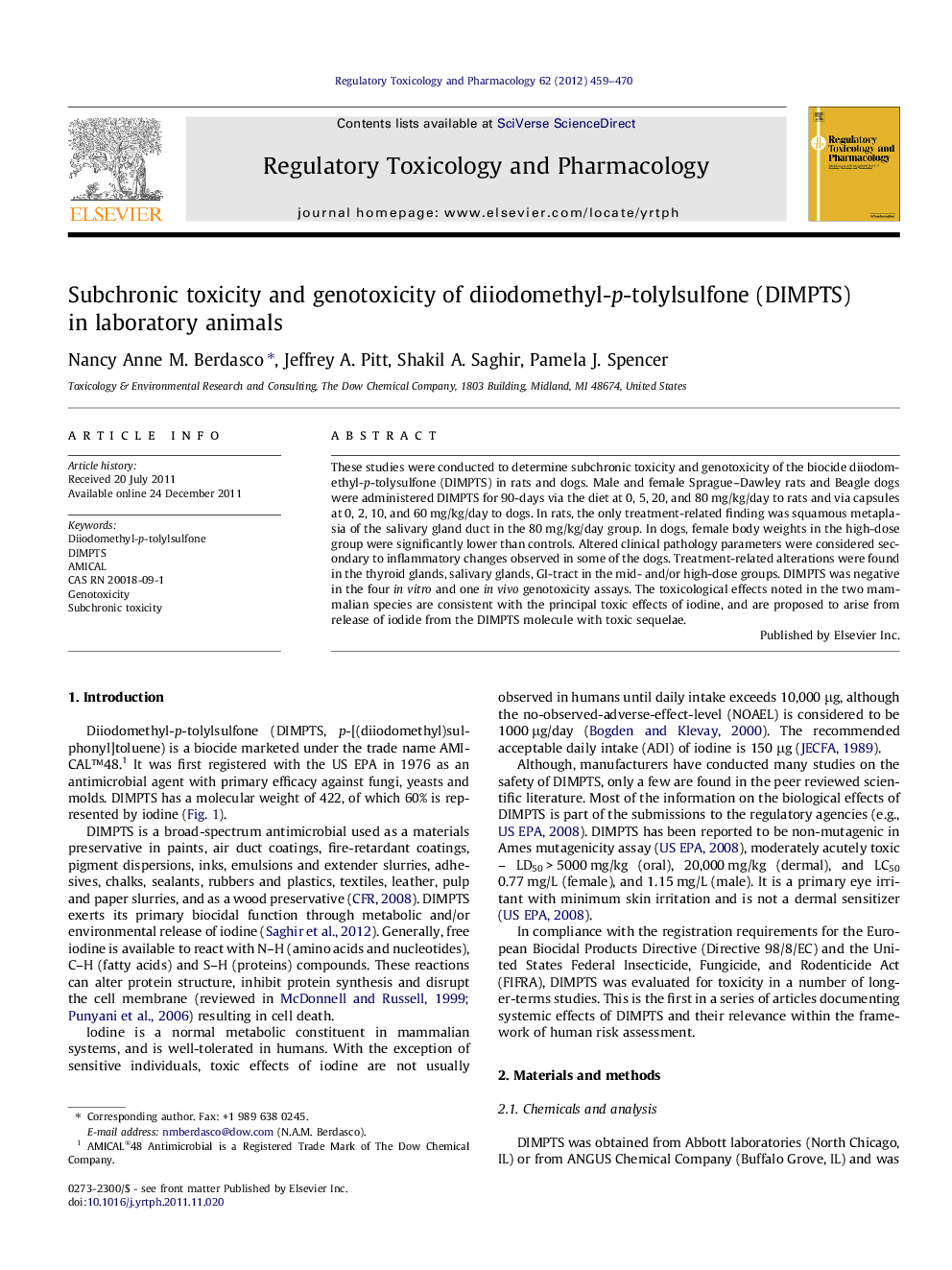 Subchronic toxicity and genotoxicity of diiodomethyl-p-tolylsulfone (DIMPTS) in laboratory animals