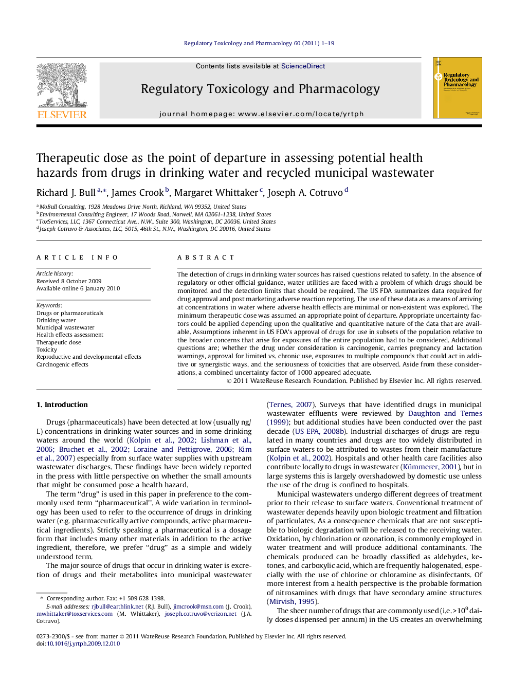 Therapeutic dose as the point of departure in assessing potential health hazards from drugs in drinking water and recycled municipal wastewater