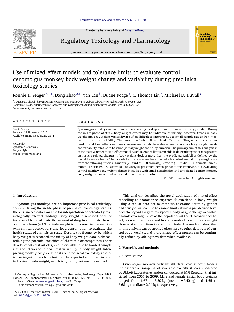 Use of mixed-effect models and tolerance limits to evaluate control cynomolgus monkey body weight change and variability during preclinical toxicology studies