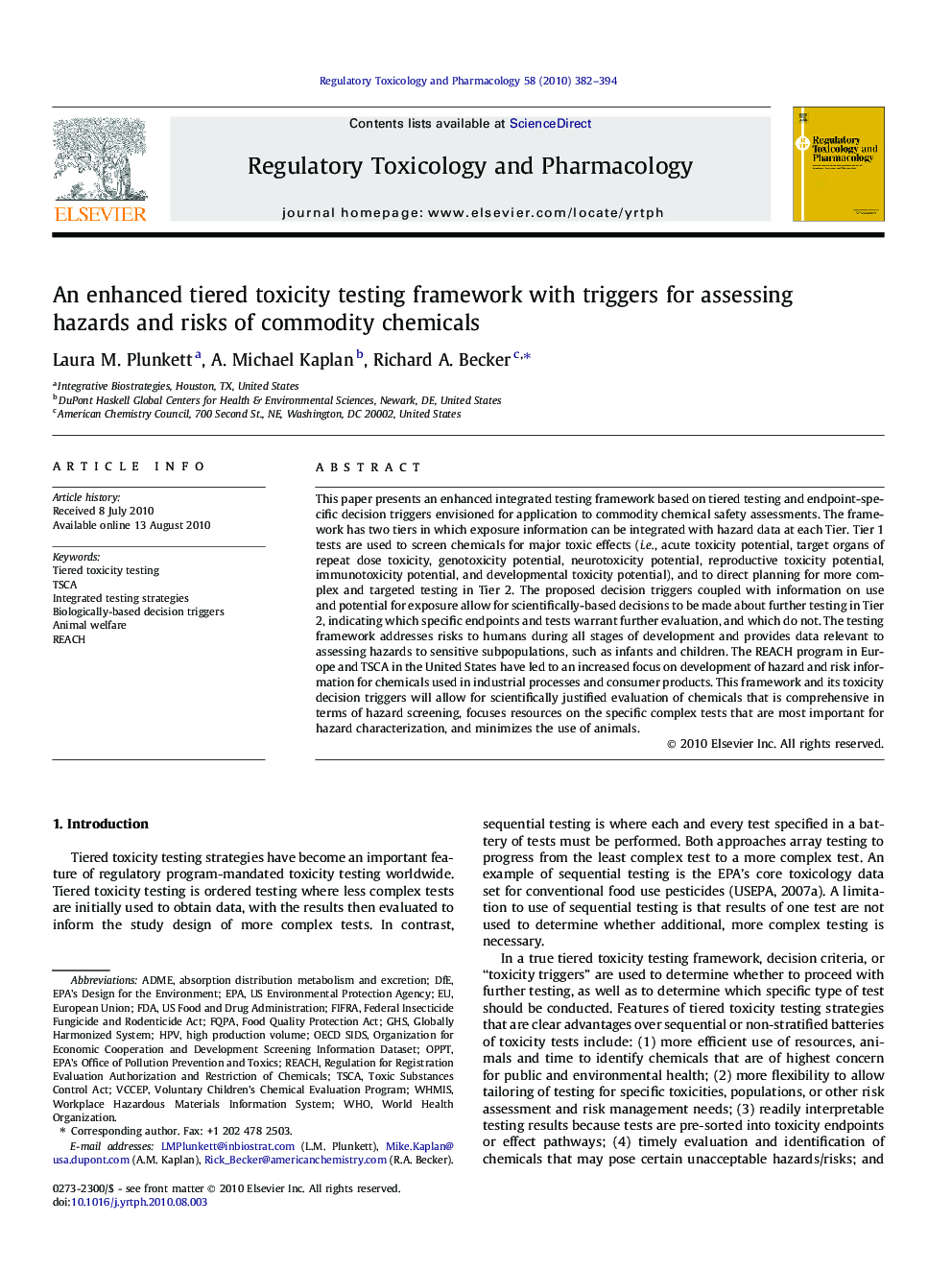 An enhanced tiered toxicity testing framework with triggers for assessing hazards and risks of commodity chemicals