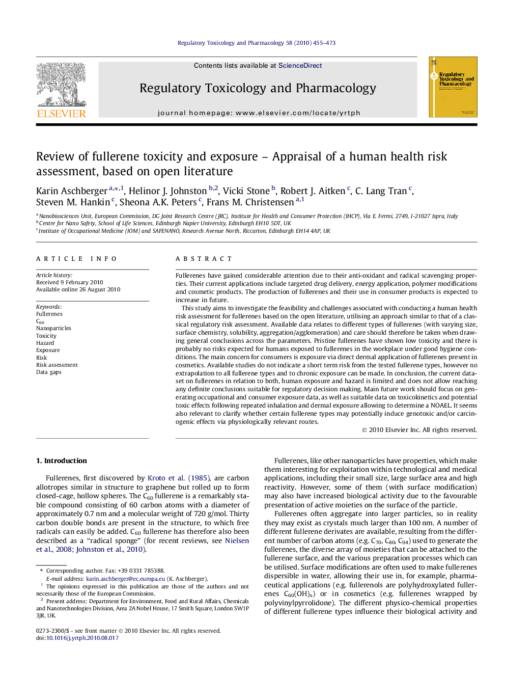 Review of fullerene toxicity and exposure – Appraisal of a human health risk assessment, based on open literature