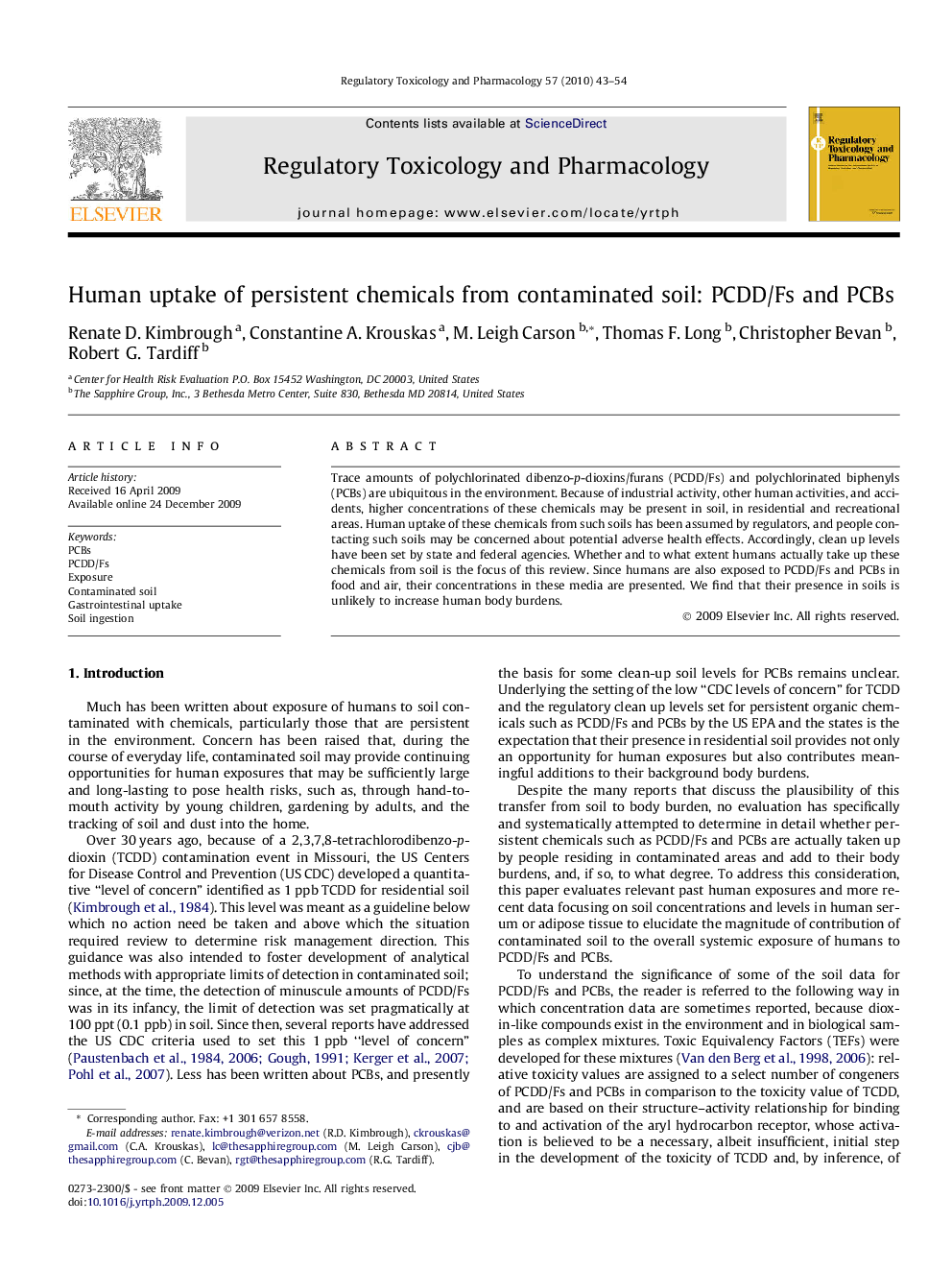 Human uptake of persistent chemicals from contaminated soil: PCDD/Fs and PCBs