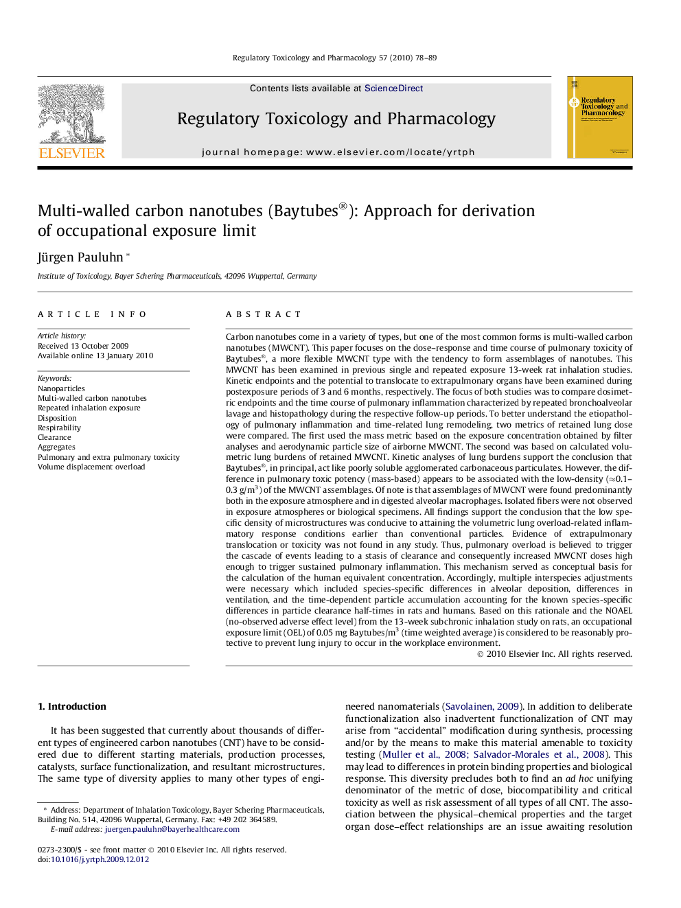 Multi-walled carbon nanotubes (Baytubes®): Approach for derivation of occupational exposure limit