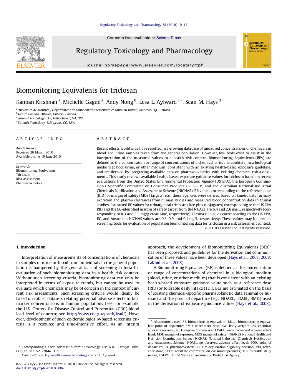 Biomonitoring Equivalents for triclosan