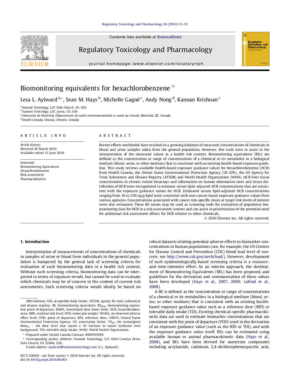 Biomonitoring equivalents for hexachlorobenzene 