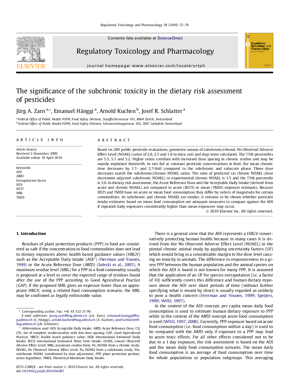 The significance of the subchronic toxicity in the dietary risk assessment of pesticides